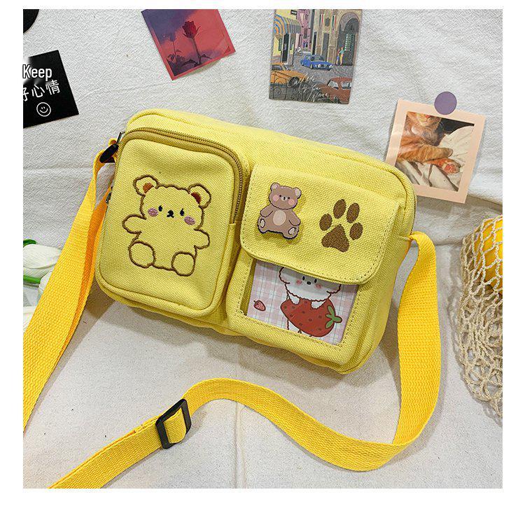 Japanese Soft Girl Canvas Crossbody Bag with Embroidered Bear - Vintage Style Student Bag