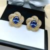 Cute Female Big Blue Stone White Zircon Flower Stud Earrings Gold Color Wedding Jewelry For Women