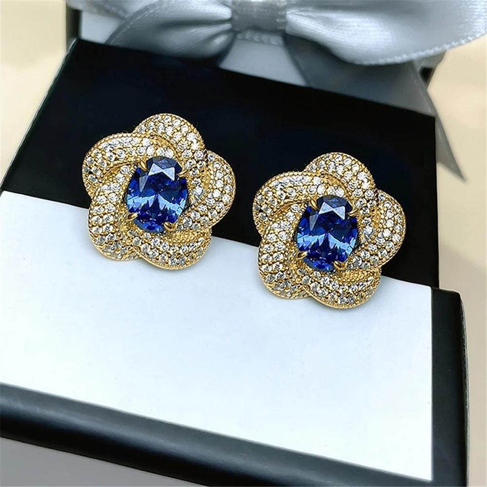 Cute Female Big Blue Stone White Zircon Flower Stud Earrings Gold Color Wedding Jewelry For Women