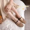 Grape mother spring new French square head hollow weaving one word with versatile soft surface light mouth single shoes women