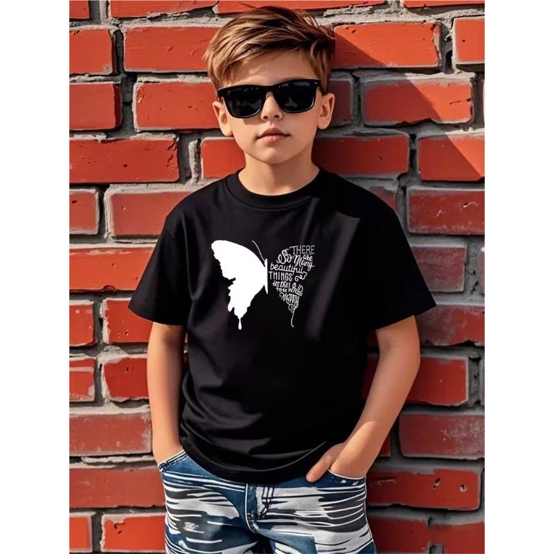

European sizes Creative Butterfly Design And Letter Print Boys T-Shirt, Casual Short-Sleeve Comfortable Summer Wear, Essential for Outdoor Sports 98cm чёрный
