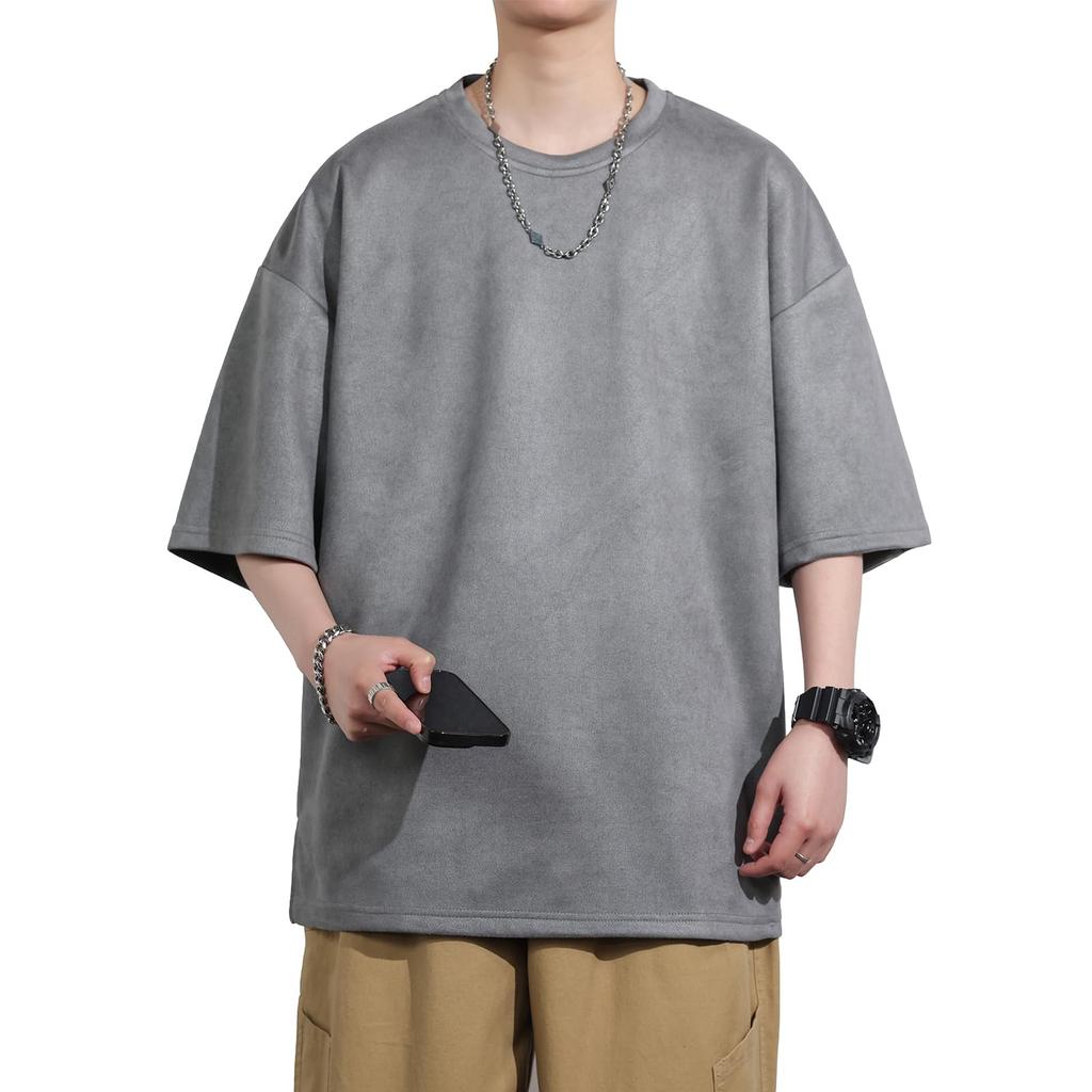 FLYSKY Short Sleeve Plus Loose Solid Breathable Men's T-Shirt, Sizes, Suede, Fit, Oversized, Stylish, Casual, Casual, Retro, Basic, Color,