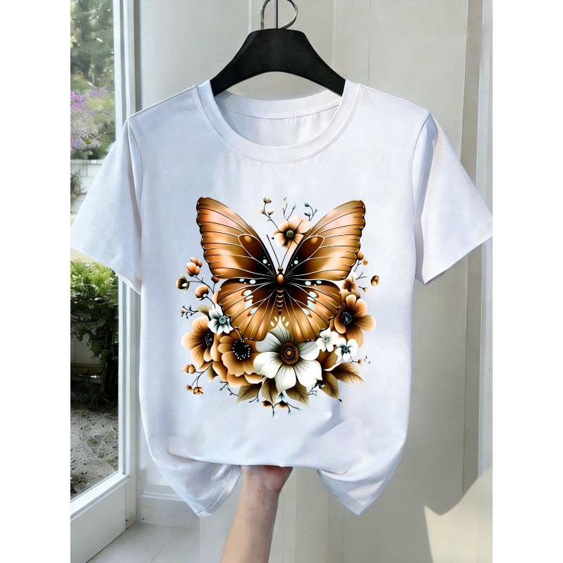 

European Size 2026 New Women s T-shirts, Black&White&Grey Soft Shirt with Butterfly Floral Design Printed Design, Casual Round Neck Stretchy Fabric S белый