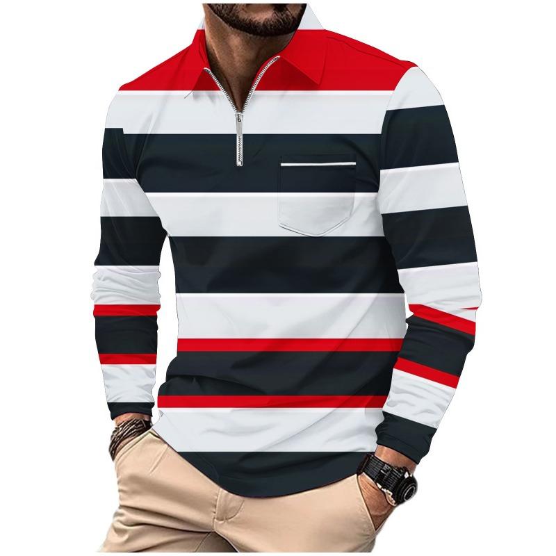 Men's Printed Polo Shirt with Zipper Pocket Sports Long Sleeved Polo Shirt