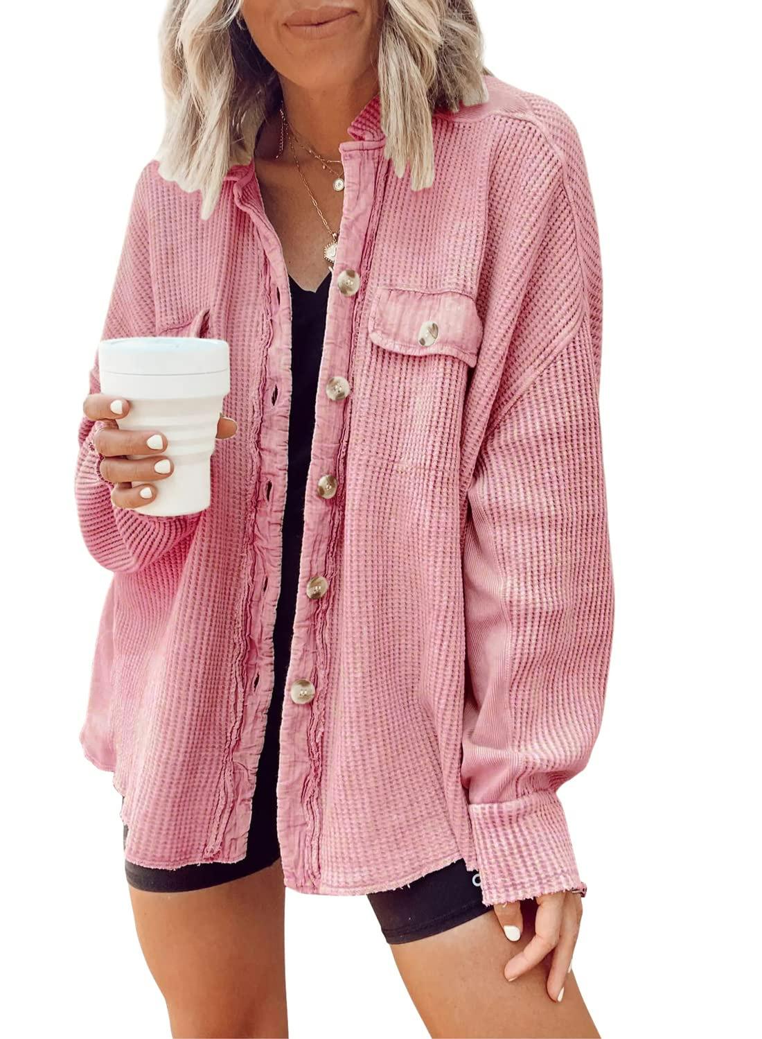 

Corduroy Long Sleeve Shirt with Chest Pockets in Multiple Colors XXL рожевий