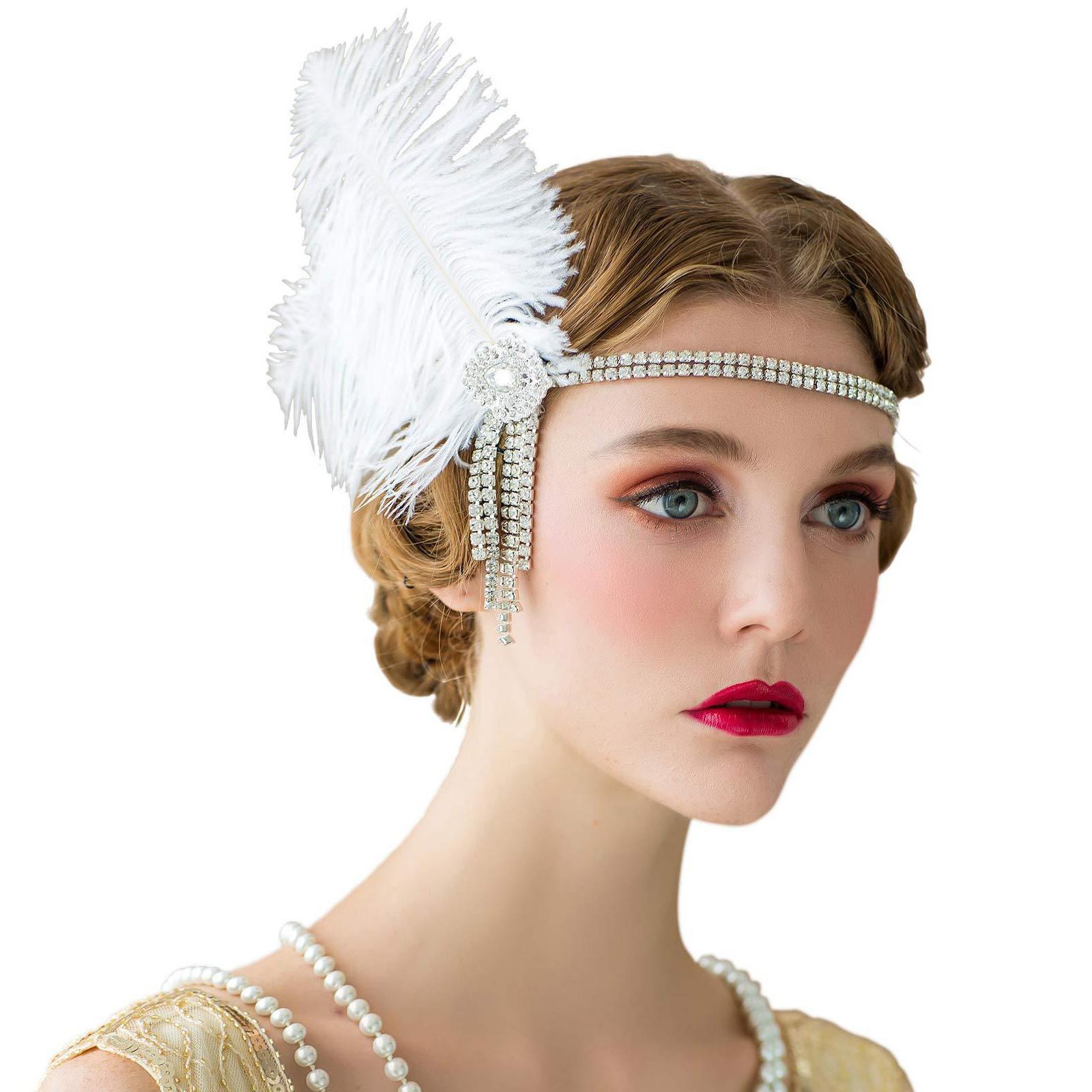 

Элегантные повязки на голову с перьями - Принцесса Головная цепочка Ручной работы Аксессуары для волос для женщин Головной убор Гэтсби 20-х годов Арт белый