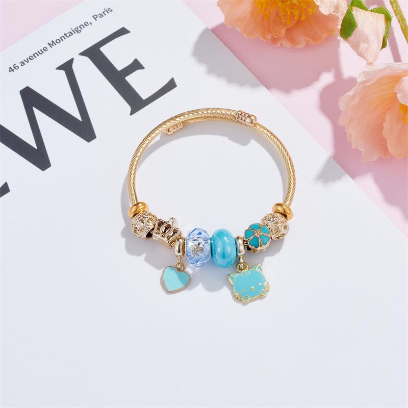 Cute Cat Flower Heart Charm Bracelets for Women Girls Gold Color Stainless Steel Bangle Sweet Accessories Jewelry Birthday Gift