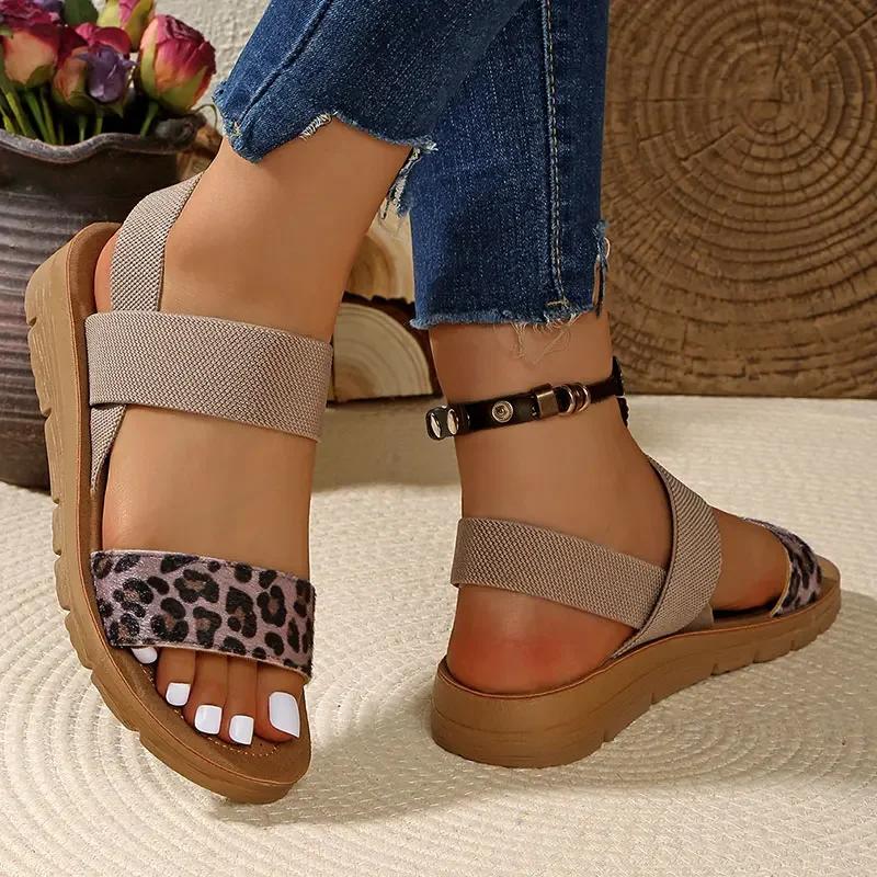 Fashion Women's Leopard Wedges Sandals Plus Size Casual Light Thick Sole Platform Slippers 2025 Summer Comfort Non Slip Beach Shoes