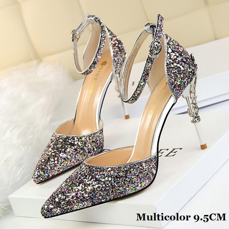 Bigtree European and American Fashion Sexy Hollow Out Nightclub Show Metal Heel  9.5cm High Heel Sparkle Sequins with Sandals