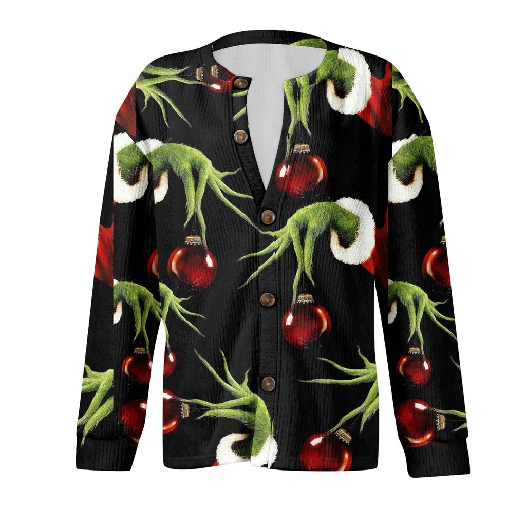 Women's Fashion Christmas Printed Long Sleeve Knitted Cardigan Button Down Jacket