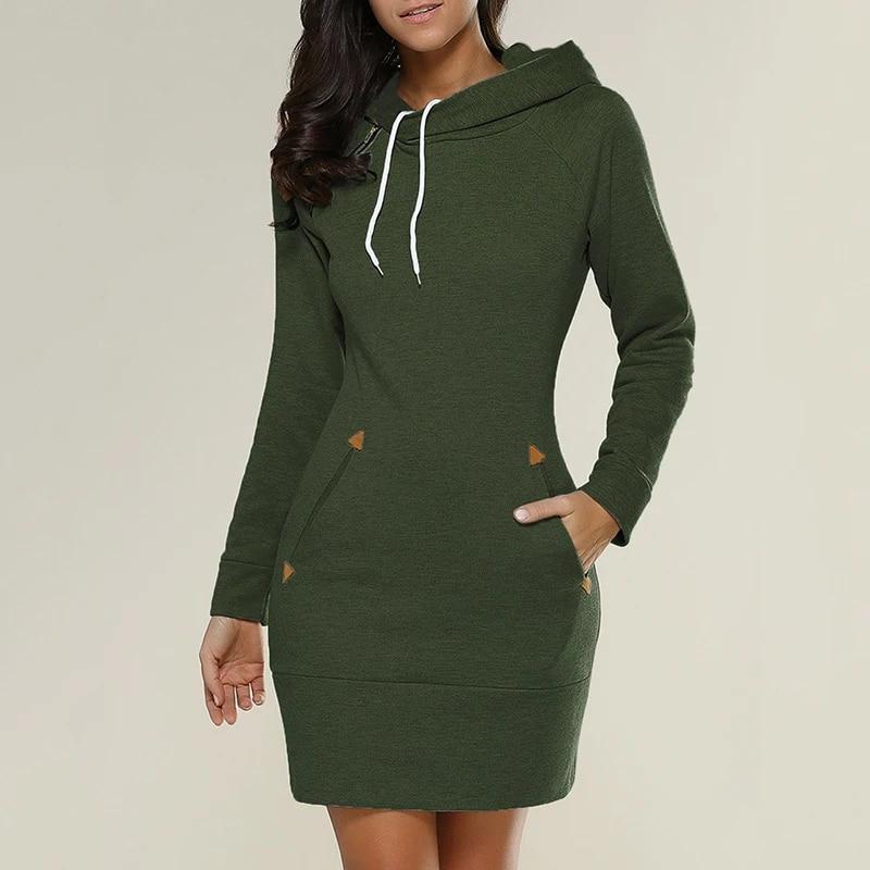 Women‘s Knee-Length Pockets Dress Hooded Warm Sweat Shirt Long Sleeve Side Zip Neckline Simple Casual Sports Skirt