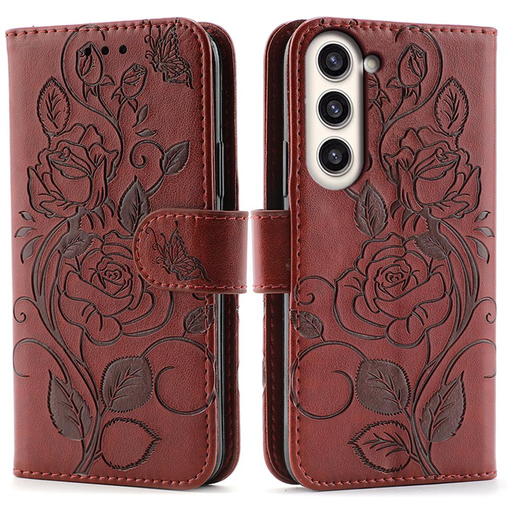 

For Samsung Galaxy S23+ Case Wallet Stand Imprinted Rose Butterfly PU Leather Phone Cover Brown