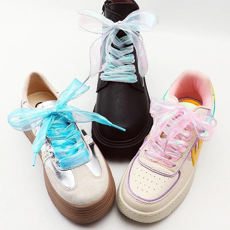 

Fantasy colored Flat Silk Shoelace Sneakers Rope Laces Shoe Accessories 4cm Wider Chiffon Yarn Shoelaces 80/100/120/140CM 1Pair 80cm синій