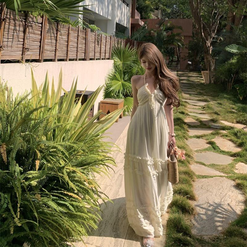 Bohemian Halter Neck Apricot Suspender Dress Women's Summer High-end Seaside Beach Vacation Dress