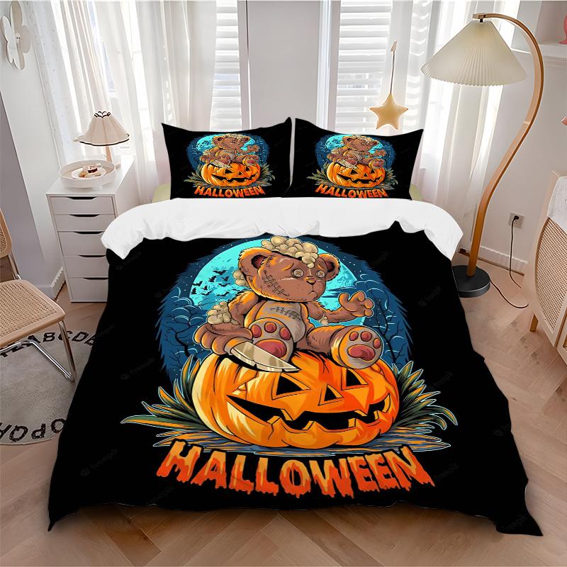 3pcs Scary Bear Pumpkin Halloween Bedding Set - Includes Quilt Cover and Pillowcases, Suitable for All Seasons, Machine Washable - Ideal Gif
