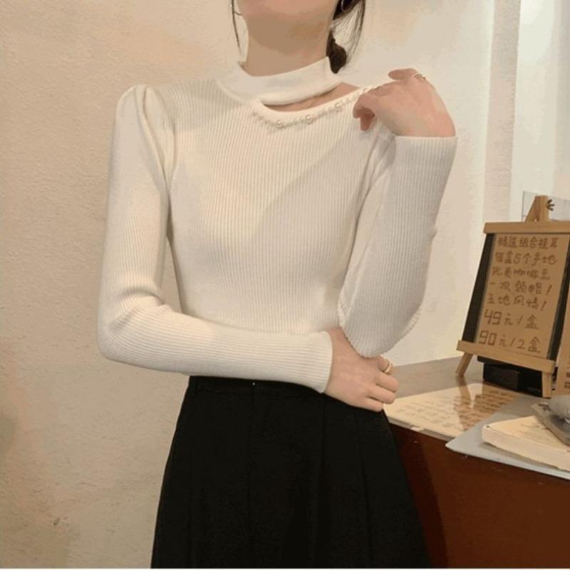 Long-sleeved hollow semi-turtleneck knitted bottoming shirt for women's autumn and winter new slim-fitting and thin design pullover sweater top