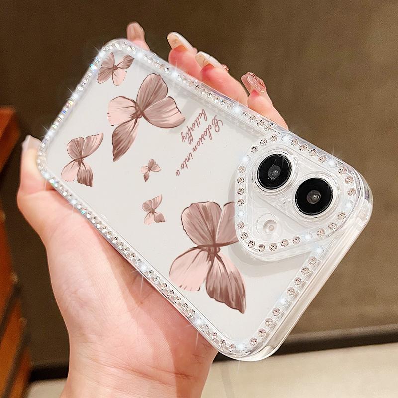 For iPhone 16 Pro 16E 15 Pro Max 14 13 12 11 Phone Case Diamond Frame Butterfly Print Clear Shockproof Soft Silicone Anti-Fall Bumper Cover