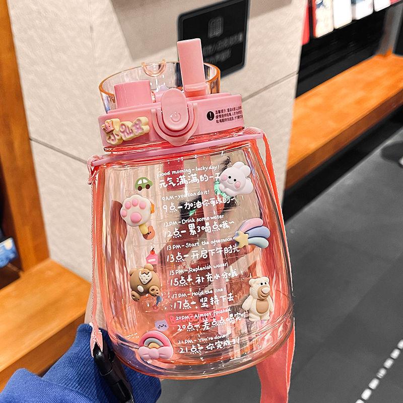 Student big belly cup Children s cute portable cartoon double drink straw cup 1300ml розовый