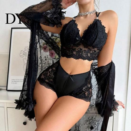 See Through Sleepwear Sexy Mesh Set, Women Lace Kimono Robe with Sheer Bra & Panty, Three Piece Nightgown for Ladies Nightwear