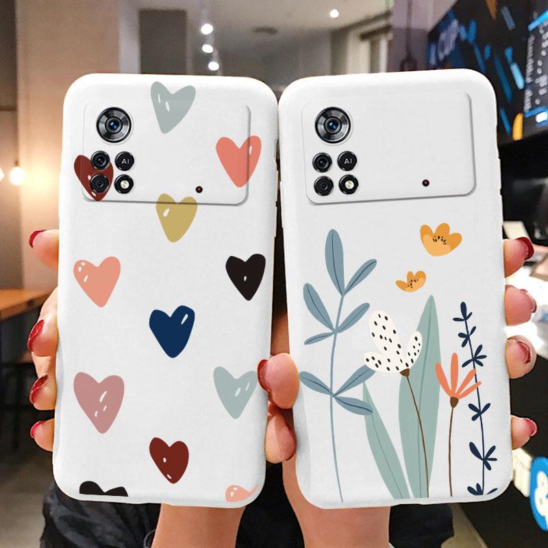 Case For Poco X4 Pro 5G Poco M4 Pro Cute Heart Flower Back Cover Soft Silicone Matte Protective Funda For Xiaomi Poco X6 X5 Pro