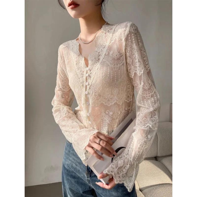 Women's Lace-Trimmed Long-Sleeve Shirt with Hollow-Out Collar - Elegant Spring/Autumn Top