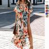 2025 European & American Women's High-Waisted Fashion Print Slit Summer Dress