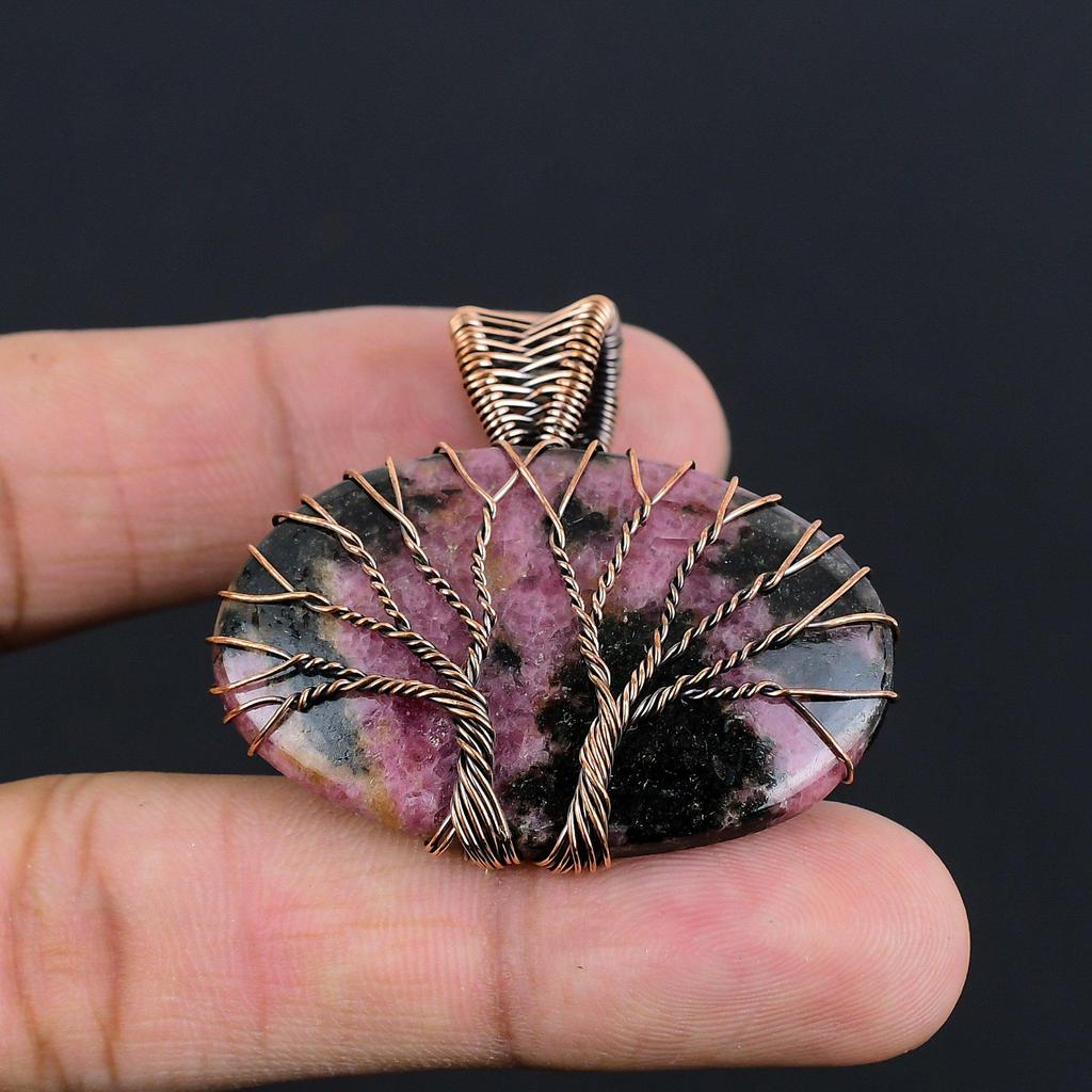 Rhodonite Gemstone Pendant | Oxidized Copper Wire Wrapped | Necklace Pendant | Handmade Copper Pendant Jewelry Gift For Her/himLC-306