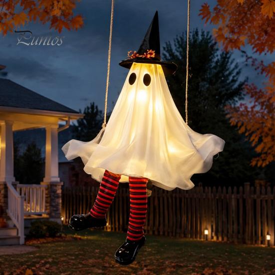 Ijesztő Tornácra Akasztható Díszek Halloween Lengő Szellem Dekoráció, Világító Nagy Lengő Fesztivál Hangulatú Kellékek Boszorkánykalap és Csíkos Lábak ehhez