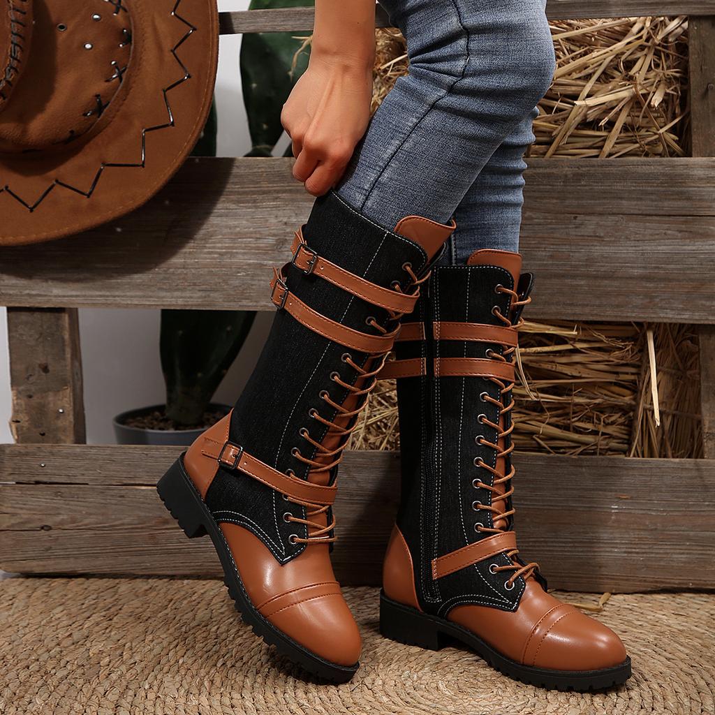Chunky Harness Combat Boots for Women,Wide Calf Round Toe Lace Up Leather Mid Heel Boots for Fall