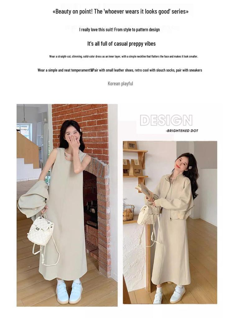 Schickes Übergrößen-Schlankheitsweste- und Kleider-Set - 300 Jin Frühling/Herbst Bauchbedeckendes, altersreduzierendes zweiteiliges Outfit für Damen