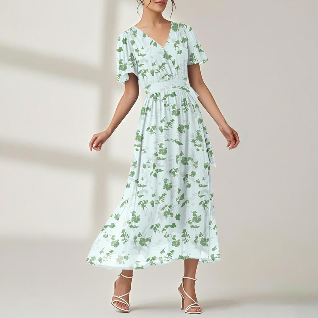 Women's Summer Floral Bohemian Dress Wrap V Neck Short Sleeves Ruffle A-Line Flowy Maxi Dress Summer Dresses For Women
