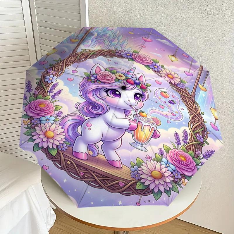 1PC Unicorn Flowers Umbrella-8-Rib Reinforced, Automatic Open, Lightweight & Durable, Fashion Accessory for Outdoor, H0337