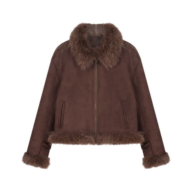 

Куртка из искусственной замши с коротким мехом, женская осенне-зимняя утолщенная куртка-маленькая локомотив, топ XL [Recommended 135-75kg] кофейный