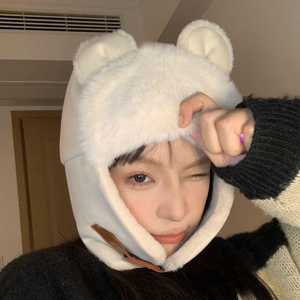 Plush Bear Ear Pilot Hat Winter Ear Protection Hat Outdoor Faux Fur Pilot Cap Unisex