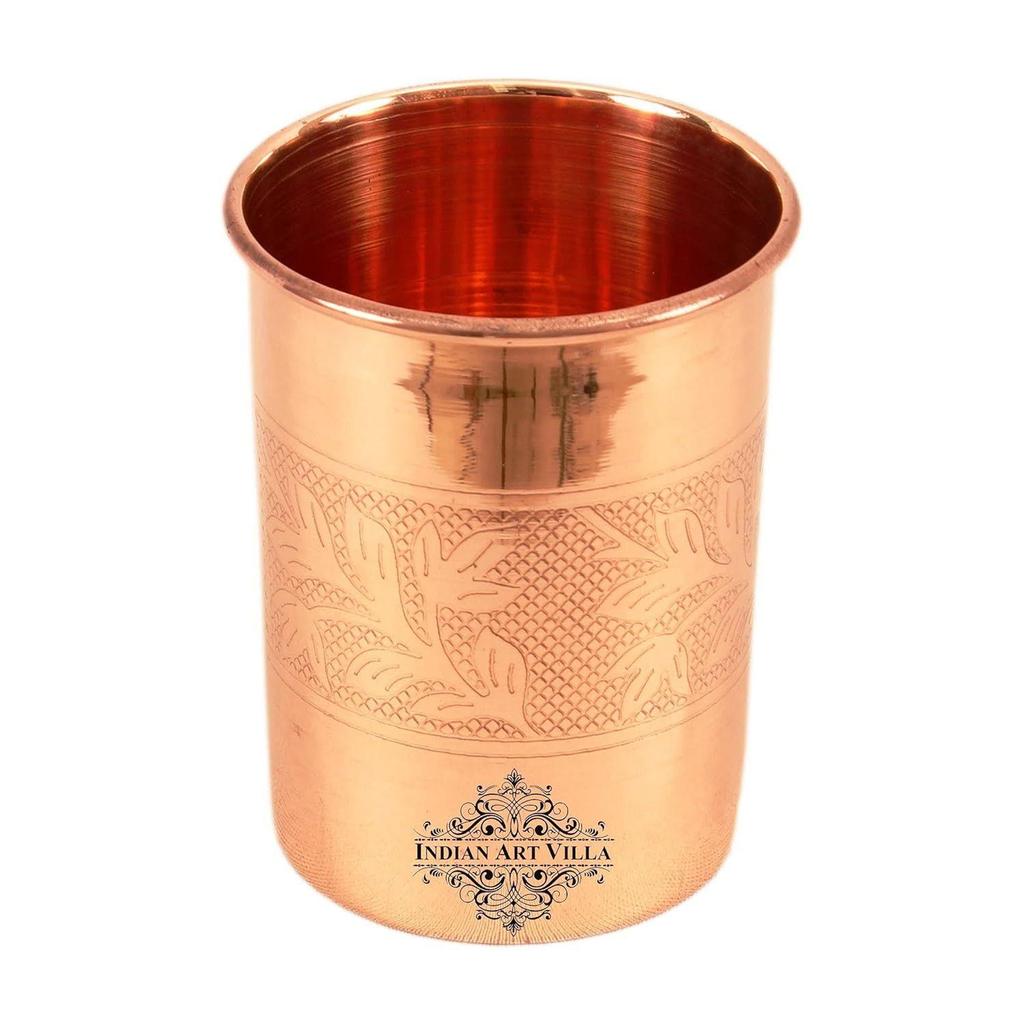 Copper Water Glasses with Embossed Design, Drinkware & Serveware, Ayurvedic Health Benefits, 300 ml Capacity, Set of 6