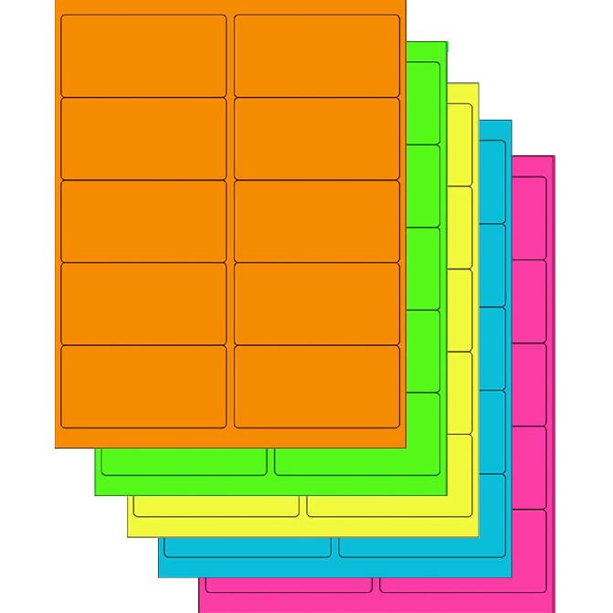 NextDayLabels - Assorted Fluorescent Labels | 5 Colors - Green, Orange, Blue, Yellow and Pink | 5 Sheets of Each Color | 4"x 2" - 10 Per Page | 250