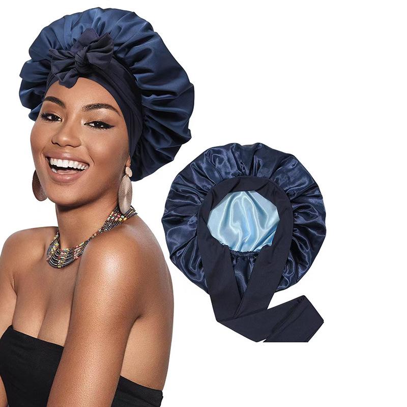 Double-Layer Wide-Brim Satin Sleep Cap with Bow for Women One Size