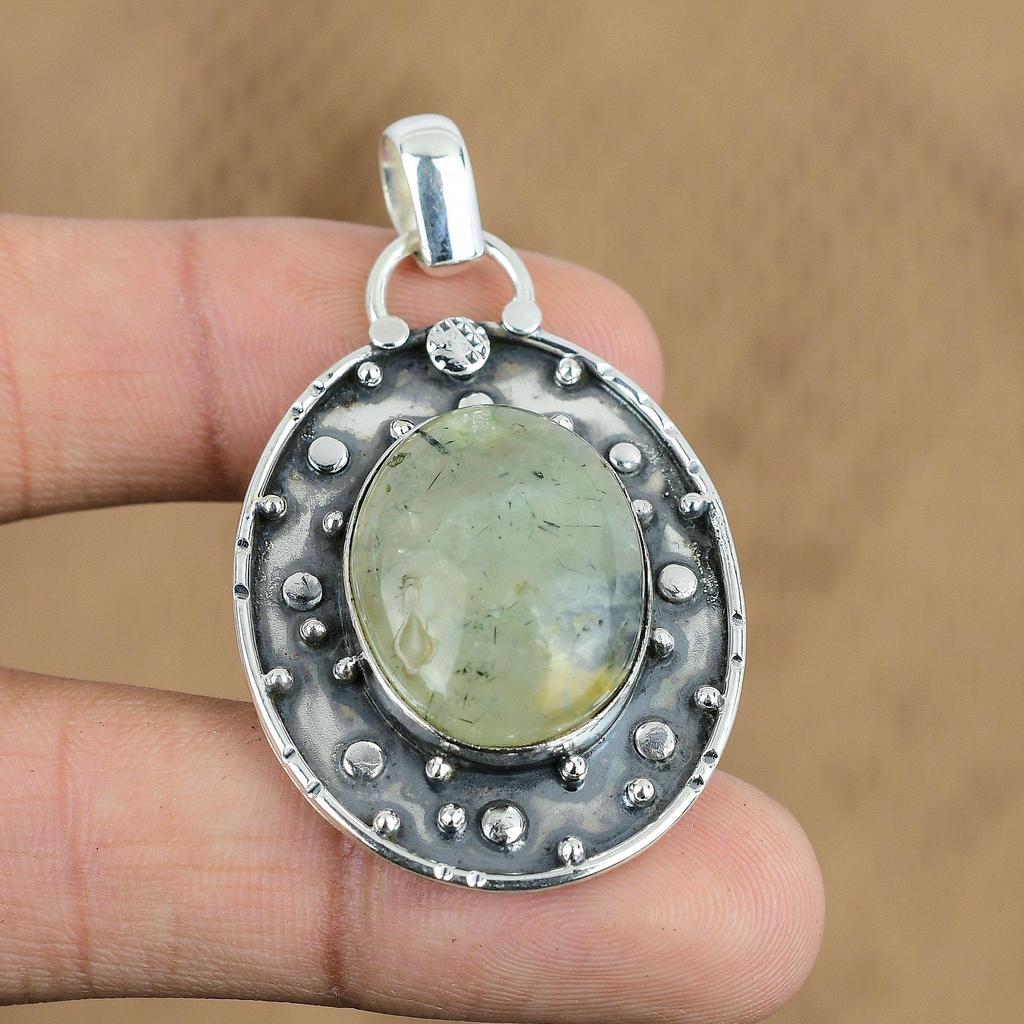 Gift For Women Pendant 925 Sterling Silver Natural Moss Prehnite Gemstone