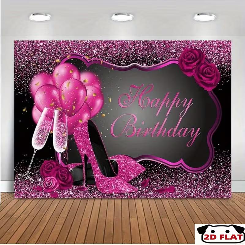 

2D Happy Birthday Pink Glitter High Heel Backdrop Banner Party Photo Background 47.2x31.5inch/120*80cm