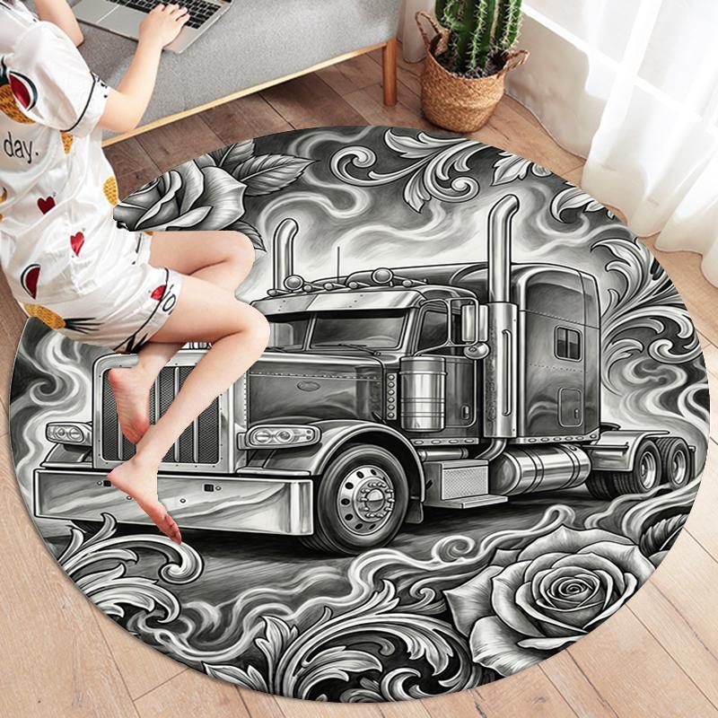 Sketch Truck Whale Poseidon Skeleton Round Area Rug,Carpet Rug for Living Room Bedroom Sofa Playroom Decor,Non-slip Floor Mat