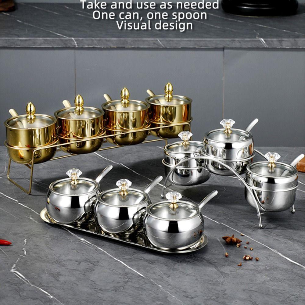 Stainless Steel Condiment Jar Set Light Luxury Spice Organizer Salt Storage Container Countertop