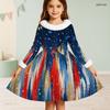 Girls Furry High Neck Long Sleeve Bow Waist Printed Red Blue White Star A Line Flared Dress
