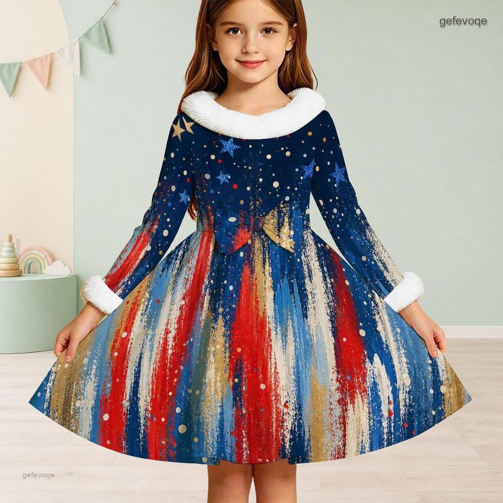 Girls Furry High Neck Long Sleeve Bow Waist Printed Red Blue White Star A Line Flared Dress