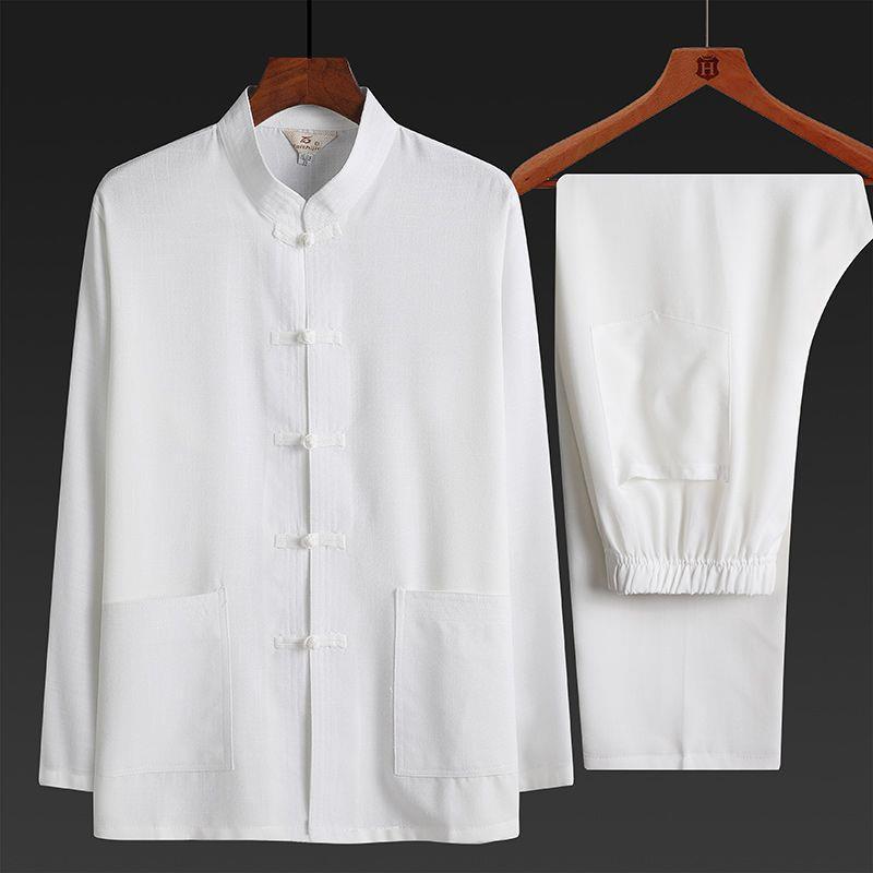 Men's Cotton & Linen Tang Suit Set: Long-Sleeved, Lightweight, Retro Style for Middle-Aged & Elderly. Perfect for Spring, Autumn, Summer.
