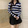 Lo lapel striped knitted sweater women's early autumn new thin short long-sleeved top