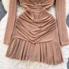 Women Summer Casual V Neck Long Sleeve Mini Dress High Waist A Line Sheath Solid Color Spring Elastic Dress
