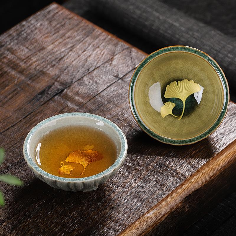 Golden Apricot Leaf Tea Cup Ceramic Retro Porcelain Teacup Master Cup Tasting Mug Chinese Kung Fu Japanese Tea Teaware Drinkware