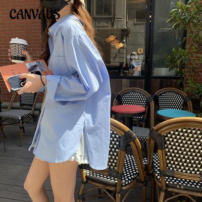 Frühlings- und Herbst Damen Übergröße Locker Blaues Hemd Bluse Hongkong Vintage Oberteile