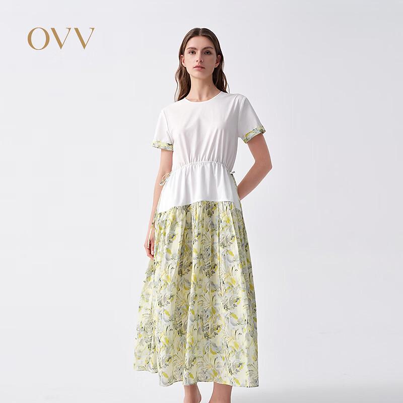 OVV 2026 S/S Women s Round Neck Floral Print Patchwork Short Sleeve A-Line Dress M