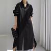 Women Lapel Collar Linen Cotton Long Shirt Dress,Loose Single-Breasted Long Sleeve Maxi Dress Casual Split Tunic Cover-Up S-2XL